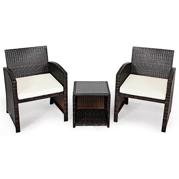Costway 3-Piece Mix Brown PE Rattan Wicker Patio Bistro Set - White Cushions