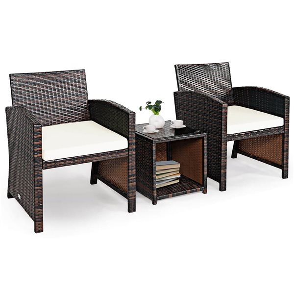 Costway 3-Piece Mix Brown PE Rattan Wicker Patio Bistro Set - White Cushions