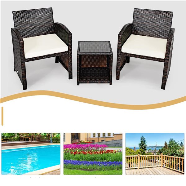 Costway 3-Piece Mix Brown PE Rattan Wicker Patio Bistro Set - White Cushions