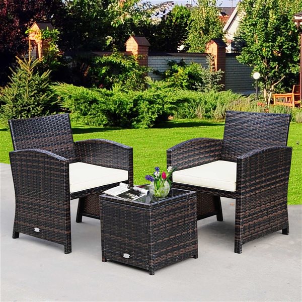 Costway 3-Piece Mix Brown PE Rattan Wicker Patio Bistro Set - White Cushions