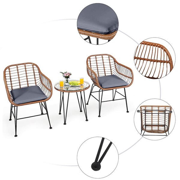 Costway 3-Piece Rattan Patio Bistro Set w/ Tempered Glass Tabletop Side Table and Grey Cushions