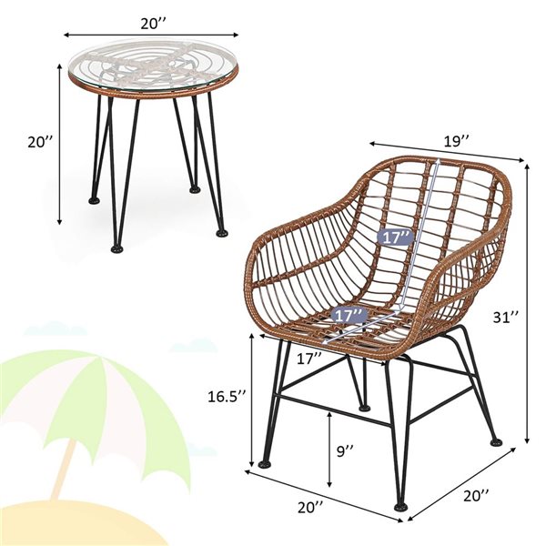 Costway 3-Piece Rattan Patio Bistro Set w/ Tempered Glass Tabletop Side Table and Grey Cushions