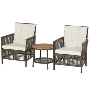 Costway 3-Piece Mix Brown PE Rattan Patio Furniture Set w/ Wood Tabletop and Off-White Cushions