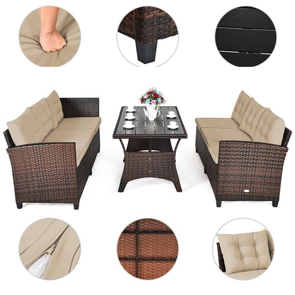 Costway 3-Piece Brown Rattan Patio Dining Set w/ Beige Cushions