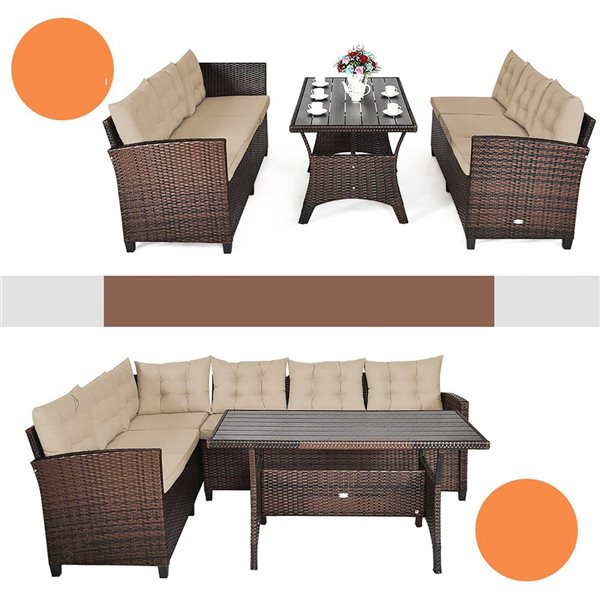 Costway 3-Piece Brown Rattan Patio Dining Set w/ Beige Cushions