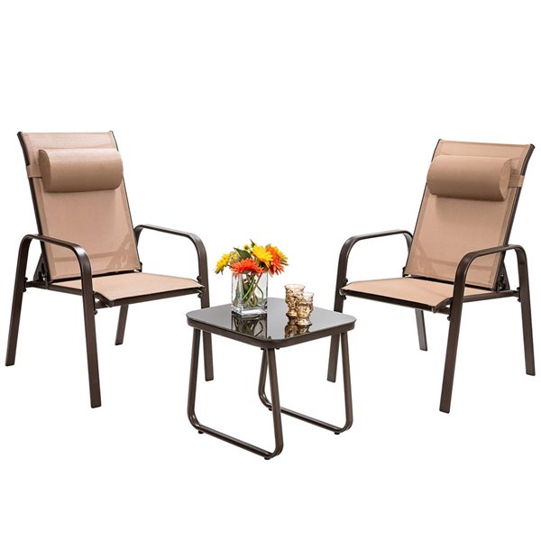 Costway 3-Piece Outdoor Conversation Set w/ Adjustable Back Stackable Chairs  - Brown