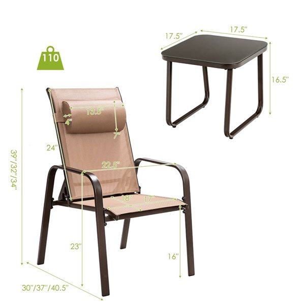 Costway 3-Piece Outdoor Conversation Set w/ Adjustable Back Stackable Chairs  - Brown