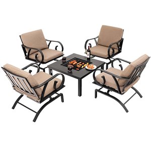 Costway 5-Piece Patio Rocking Chairs and 4-in-1 Fire Pit Table Set w/ Accessories - Black/Brown