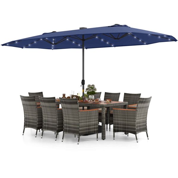 Costway 11-Piece Patio Dining Set w/15-ft Double-Sided Patio Umbrella and 8 Armchairs - Grey/Blue/Beige