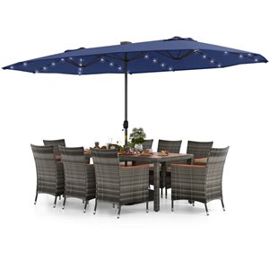 Costway 11-Piece Patio Dining Set w/15-ft Double-Sided Patio Umbrella and 8 Armchairs - Grey/Blue/Beige