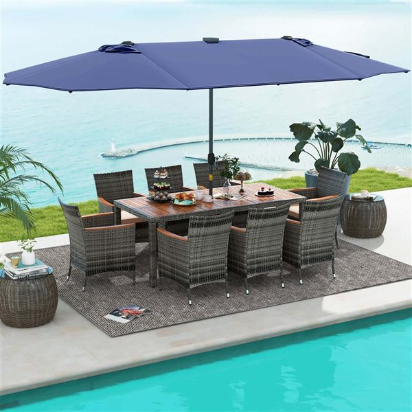Costway 11-Piece Patio Dining Set w/15-ft Double-Sided Patio Umbrella and 8 Armchairs - Grey/Blue/Beige