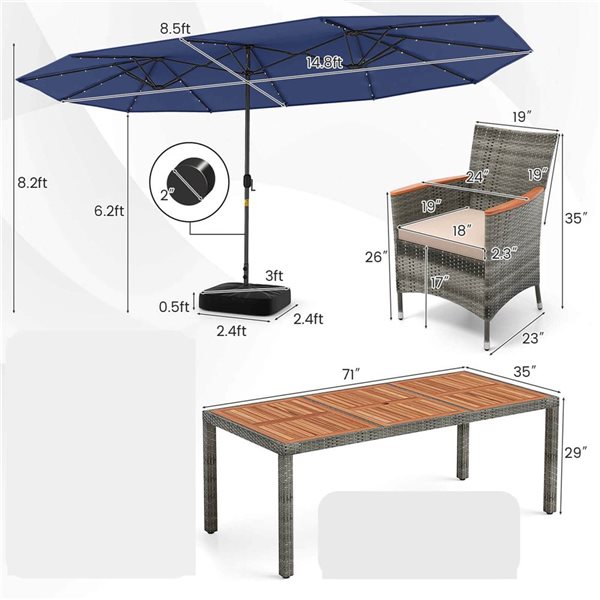 Costway 11-Piece Patio Dining Set w/15-ft Double-Sided Patio Umbrella and 8 Armchairs - Grey/Blue/Beige