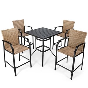 Costway 5-Piece Steel and PE Rattan Outdoor Bistro Set w/ Cushions - Brown/Beige