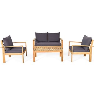 Costway 4-Piece Acacia Wood Patio Loveseat Chairs and Coffee Table Set w/ Grey Cushions