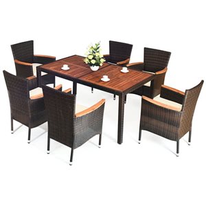 Costway 7-Piece Brown PE Rattan Patio Dining Set w/ Acacia Tabletop and Beige Cushions