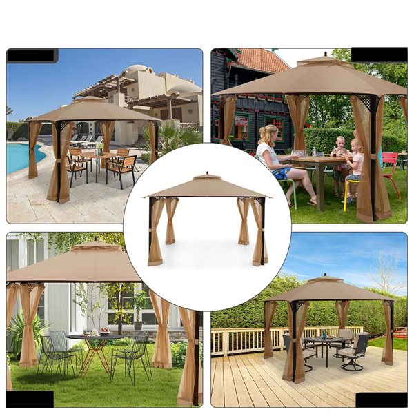 Costway 10 x 12-ft 2-Tier Patio Gazebo Replacement Canopy Cover Top - Brown