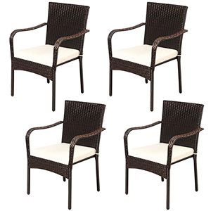 Costway Brown PE Rattan Patio Stackable Dining Chairs w/ Armrests - Set of 4
