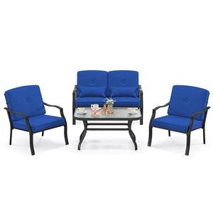 Costway 2-Piece Black Metal Patio Loveseat and Coffee Table w/ Navy Cushions and Pillows
