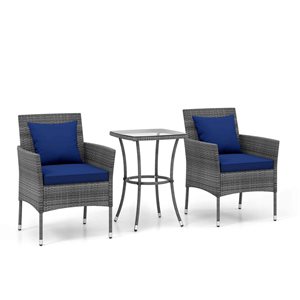 Costway 3-Piece Grey PE Rattan Outdoor Patio Armchairs and Tempered Glass Side Table w/ Navy Cushions