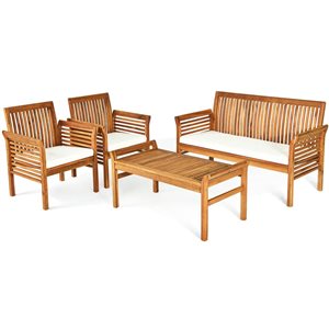 Costway 4-Piece Acacia Wood Outdoor Conversation Set w/ Off-White Cushions