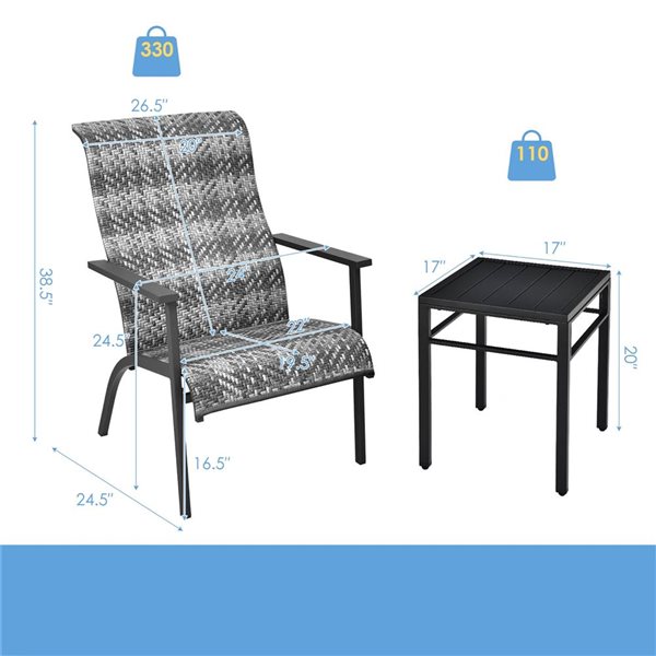Costway 3-Piece Outdoor High Backrest Armchairs and Side Table Set - Mix Grey