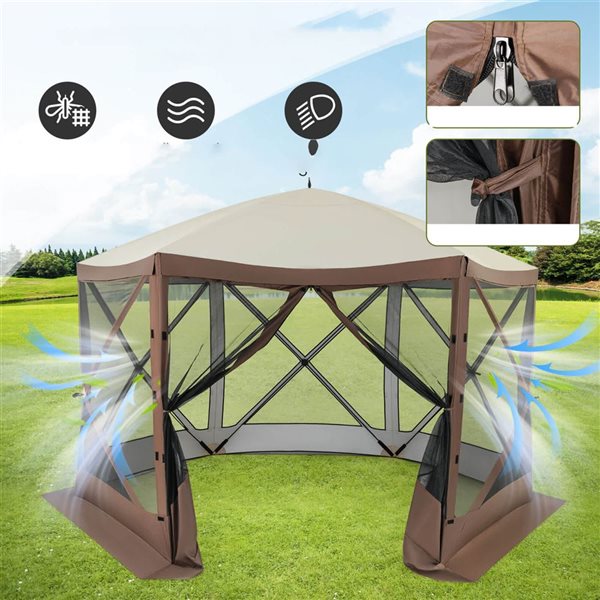 Costway 11.5 x 11.5-ft Foldable Portable Pop-up Gazebo Tent with Mesh Netting Walls - Brown