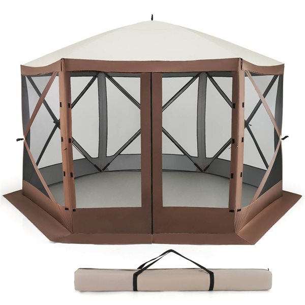 Costway 11.5 x 11.5-ft Foldable Portable Pop-up Gazebo Tent with Mesh Netting Walls - Brown