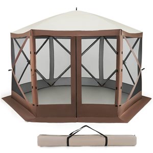 Costway 11.5 x 11.5-ft Foldable Portable Pop-up Gazebo Tent with Mesh Netting Walls - Brown