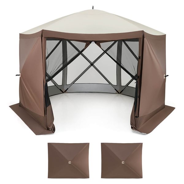 Costway 11.5 x 11.5-ft Foldable Portable Pop-up Gazebo Tent with Mesh Netting Walls - Brown
