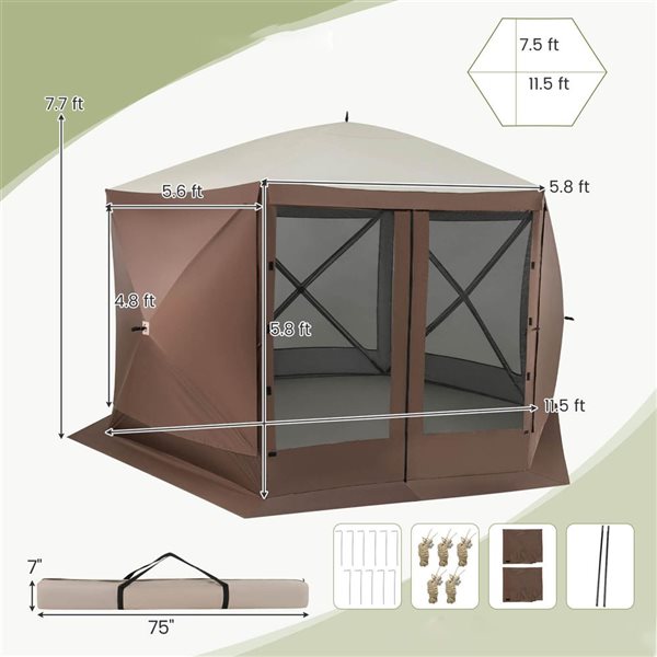 Costway 11.5 x 11.5-ft Foldable Portable Pop-up Gazebo Tent with Mesh Netting Walls - Brown