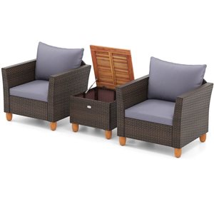 Costway 3-Piece Brown PE Rattan Outdoor Patio Conversation Set w/ Wooden Tabletop and Grey Cushions