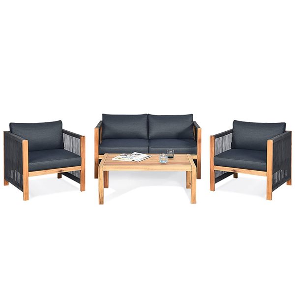 Costway 4-Piece Natural Wood Patio Conversation Set w/ Dark Grey Cushions