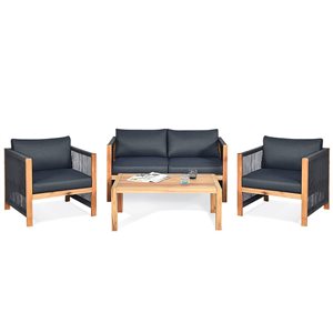 Costway 4-Piece Natural Wood Patio Conversation Set w/ Dark Grey Cushions