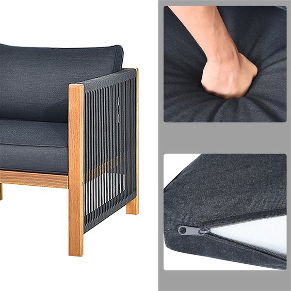 Costway 4-Piece Natural Wood Patio Conversation Set w/ Dark Grey Cushions