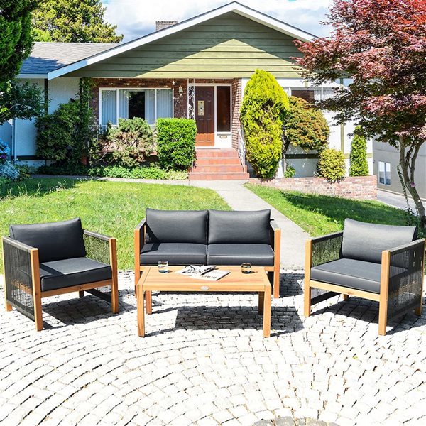 Costway 4-Piece Natural Wood Patio Conversation Set w/ Dark Grey Cushions