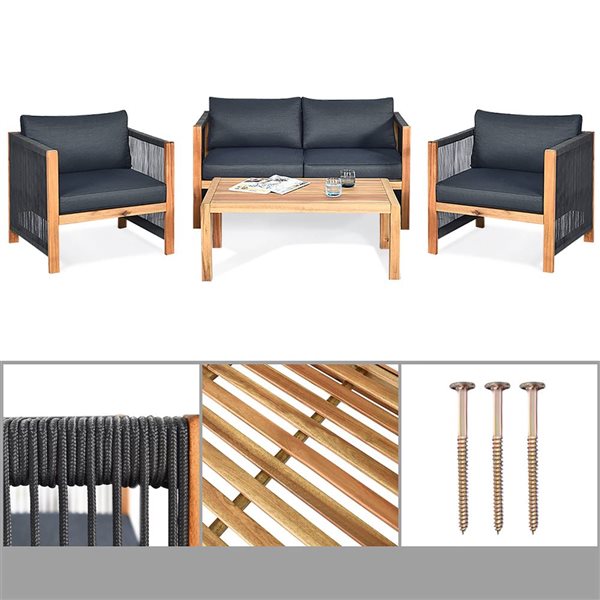 Costway 4-Piece Natural Wood Patio Conversation Set w/ Dark Grey Cushions