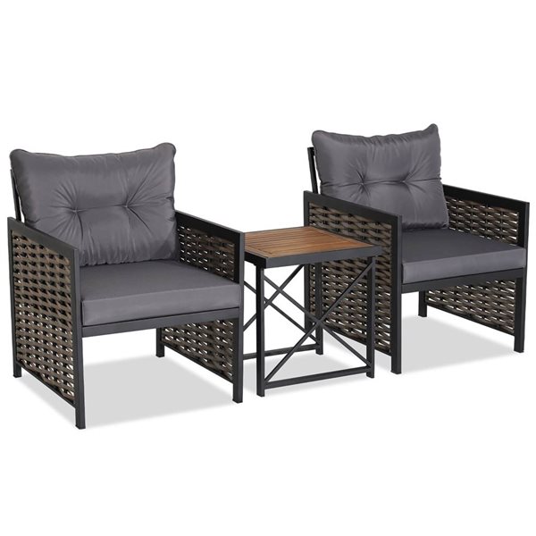 Costway 3-Piece Brown PE Rattan Outdoor 2 Armchairs and Side Table Set w/ Grey Cushions