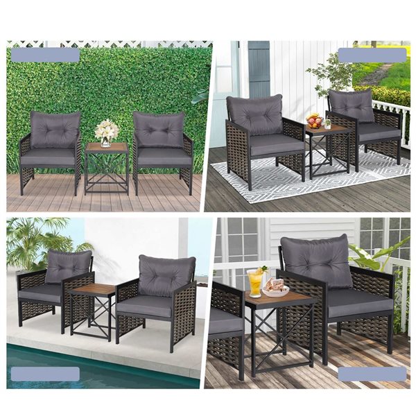 Costway 3-Piece Brown PE Rattan Outdoor 2 Armchairs and Side Table Set w/ Grey Cushions