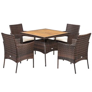 Costway 5-Piece Brown PE Rattan Patio Dining Furniture Set w/ Wooden Tabletop and Off-White Cushions