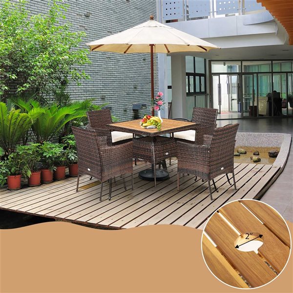 Costway 5-Piece Brown PE Rattan Patio Dining Furniture Set w/ Wooden Tabletop and Off-White Cushions