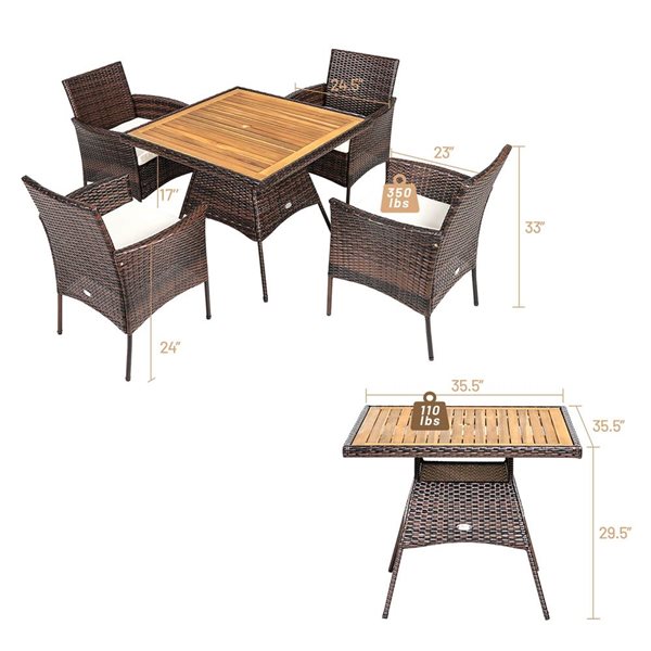 Costway 5-Piece Brown PE Rattan Patio Dining Furniture Set w/ Wooden Tabletop and Off-White Cushions