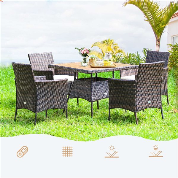 Costway 5-Piece Brown PE Rattan Patio Dining Furniture Set w/ Wooden Tabletop and Off-White Cushions