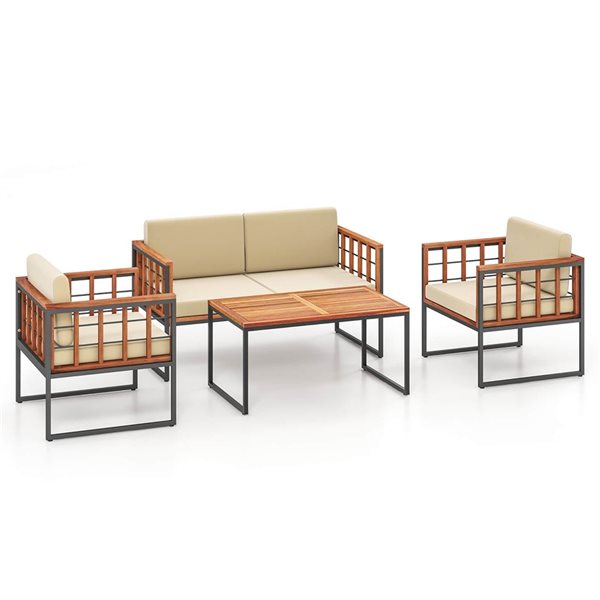 Costway 4-Piece Black Metal/Acacia Wood Outdoor Conversation Set w/ Beige Cushions