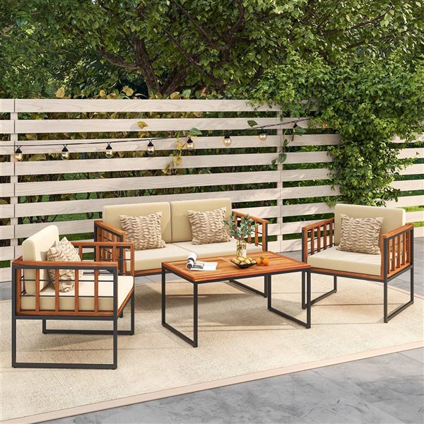 Costway 4-Piece Black Metal/Acacia Wood Outdoor Conversation Set w/ Beige Cushions