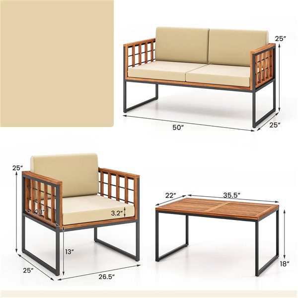 Costway 4-Piece Black Metal/Acacia Wood Outdoor Conversation Set w/ Beige Cushions