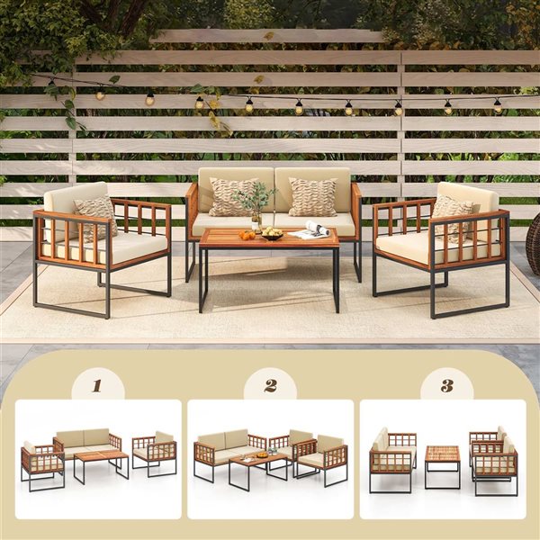Costway 4-Piece Black Metal/Acacia Wood Outdoor Conversation Set w/ Beige Cushions