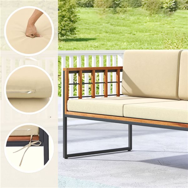 Costway 4-Piece Black Metal/Acacia Wood Outdoor Conversation Set w/ Beige Cushions