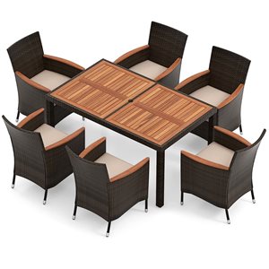 Costway 7-Piece Brown Poly Rattan Patio Dining Set w/ Beige Cushions for Backyard