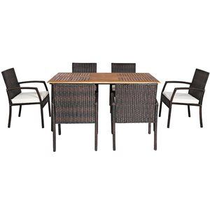 Costway 7-Piece Brown PE Wicker Outdoor Dining Set w/ Wooden Tabletop and Off-White Cushions