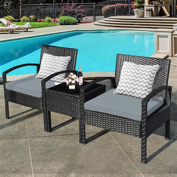 Costway 3-Piece Black PE Rattan Patio Conversation Set w/ Off-White Cushions